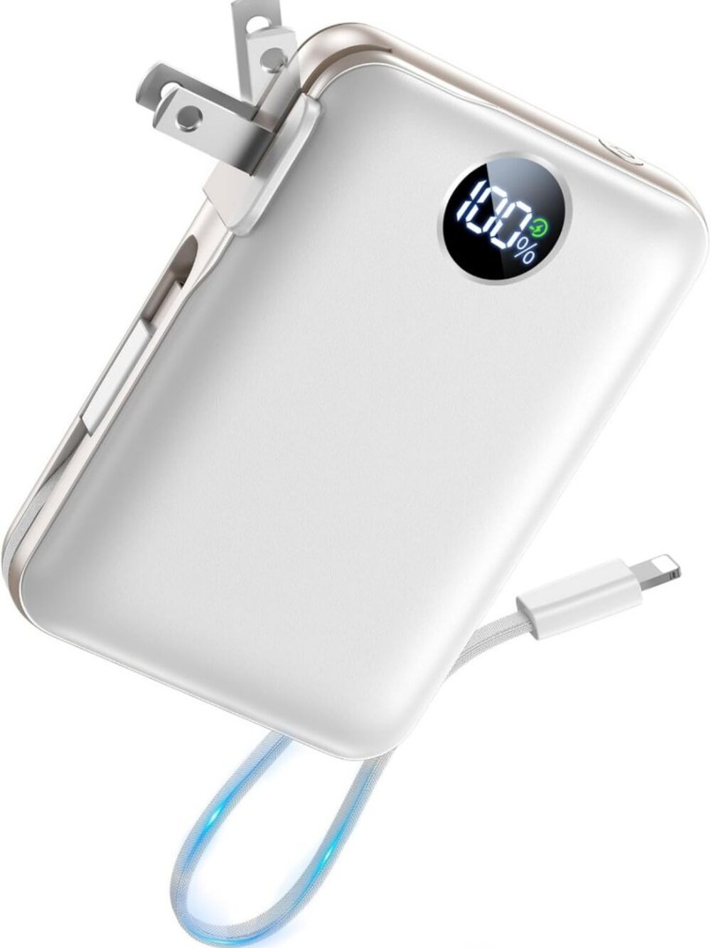 Compact 10000mAh Portable Charger Power Bank with Built-in Cables & AC Plug